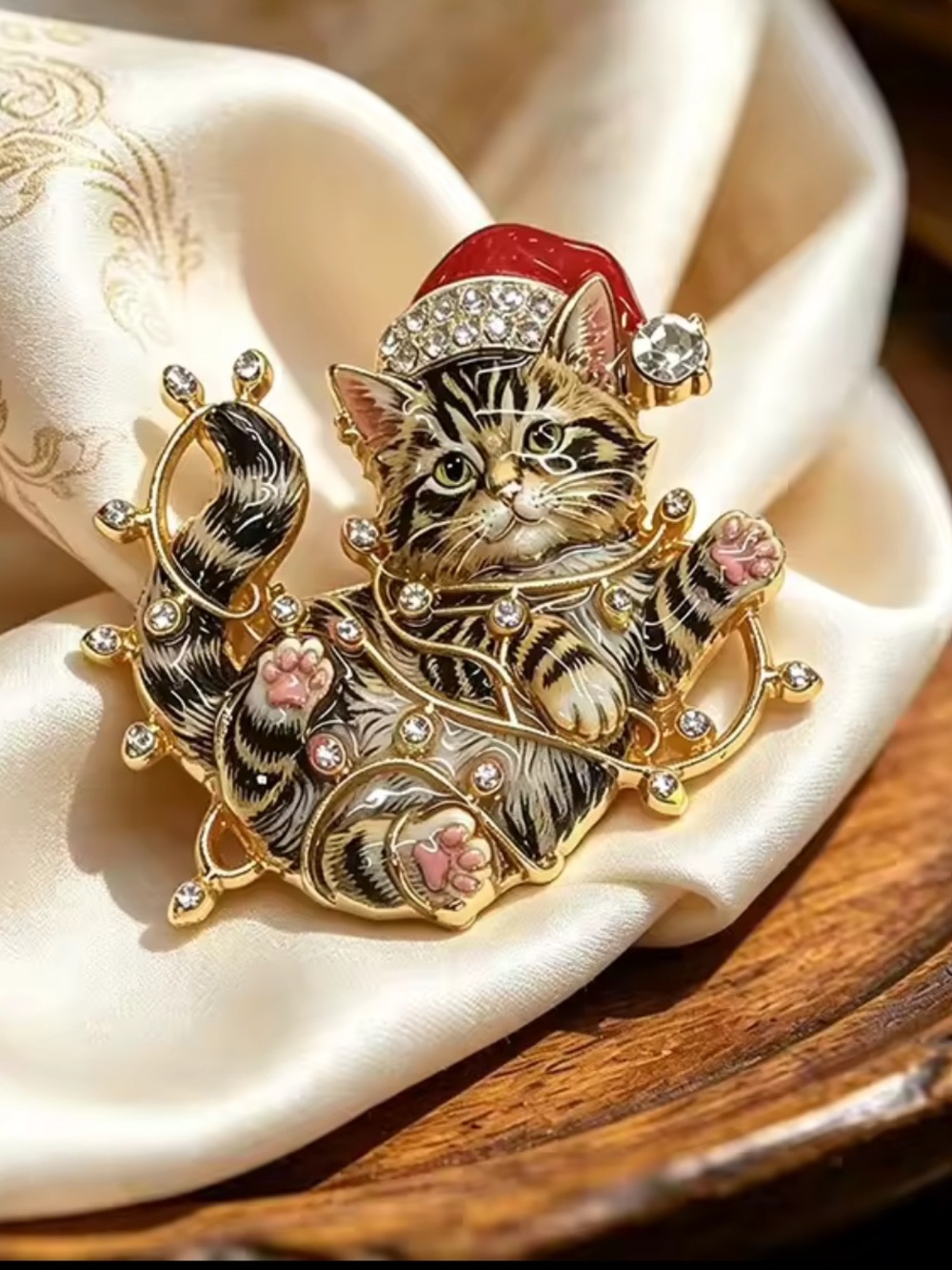 Festive Christmas Cat Gold Brooch